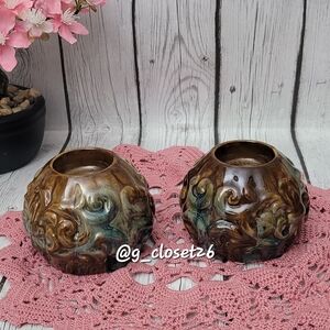 Vintage Style Brown and Green Ceramic Candle Holders